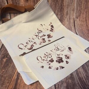 NEW White and Brown 11”x13” Tote Bag and 8”x5” Pouch Set Item #PHK6701